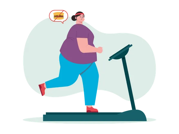 Woman do exercise on treadmill while avoiding fast food  Illustration