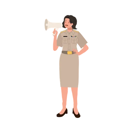 Female Thai Government Officers In Uniform Woman Thai Teacher Using Megaphone Vector Illustration Illustration