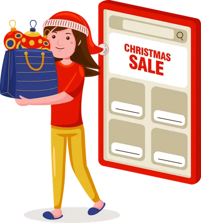 Woman do online shopping for christmas Illustration