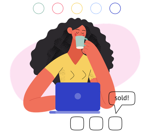 Woman do online shopping while having coffee  イラスト
