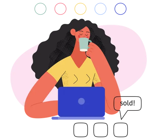 Woman do online shopping while having coffee  イラスト