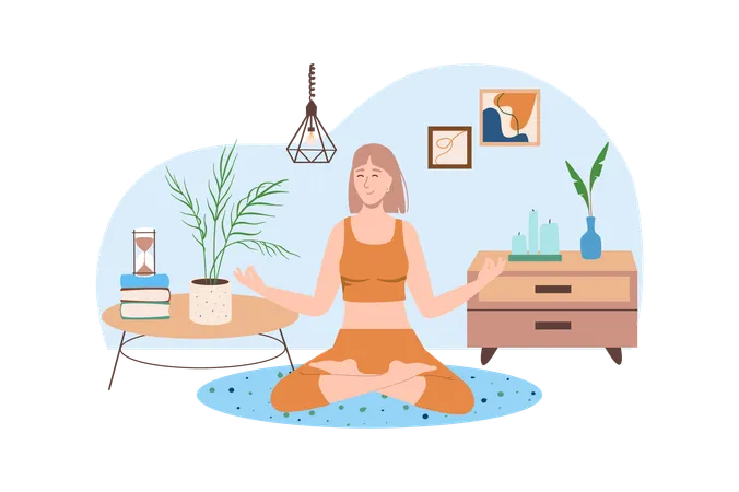 Blue Concept Interior With People Scene In The Flat Cartoon Design Woman Do Yoga Exercises To Relax At Home Vector Illustration Illustration