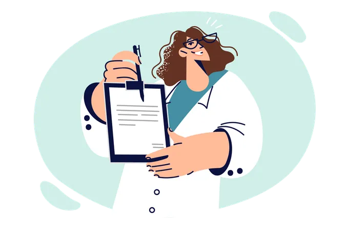 Woman doctor demonstrates clipboard with treatment plan or recommendation for recovery after surgery  Illustration