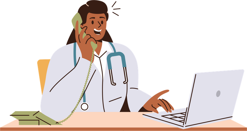 Woman doctor having call with patient and working on laptop sitting at desk table  Illustration