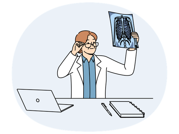 Woman doctor holding x-ray picture of sick conducting medical examination patient with lung problems  Illustration