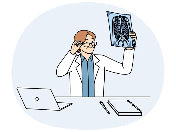 Woman doctor holding x-ray picture of sick conducting medical examination patient with lung problems  Illustration