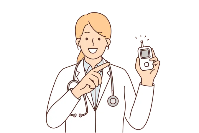 Woman Doctor Holds Glucometer To Measure Increase In Insulin In Diabetic Patients And Avoid Exacerbation Of Disease Medic Recommends Purchasing New Electronic Glucometer To Track Abnormalities Illustration