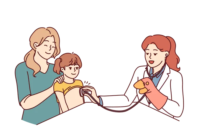 Woman Doctor Pediatrician Applies Stethoscope To Chest Of Child Sitting On Lap Of Happy Mother Female In White Coat Works As Pediatrician And Entertains Baby Girl During Routine Examination Illustration