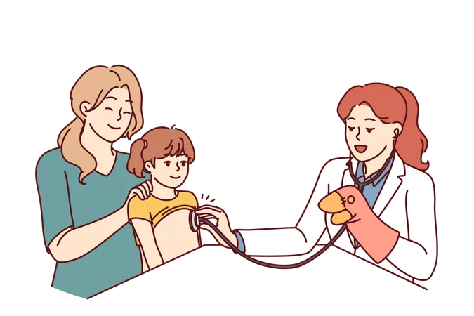 Woman doctor pediatrician applies stethoscope on chest of child  Illustration