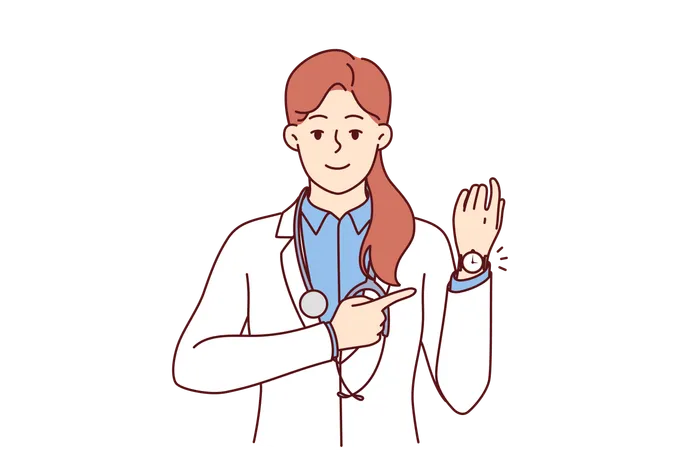 Woman Doctor Points To Wristwatch Reminding Of Medication Schedule Or Time To Visit Clinic Girl Doctor In White Coat With Stethoscope Around Neck Smiles Reporting Hospital Opening Hours Illustration