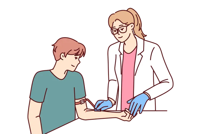 Woman Doctor Preparing Patient For Blood Test To Check For Diseases Or DNA Test Man Patient Donates Plasma From Arm Sitting In Clinic Wanting To Help Those In Need Of Blood Transfusion Illustration