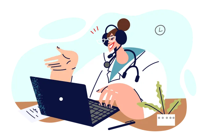 Woman Doctor Provides Telemedicine Services Sitting At Table With Laptop And Remotely Diagnosing Internet Clients Girl Makes Career In Field Telemedicine Wanting To Help People From Distant Cities Illustration