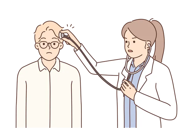 Woman Doctor Puts Stethoscope On Patient Head For Concept Of Treating Headaches Or Neuro Medicine Girl Doctor And Man Who Turned To Neurotherapist Because Of Headaches Or Mental Illness Illustration