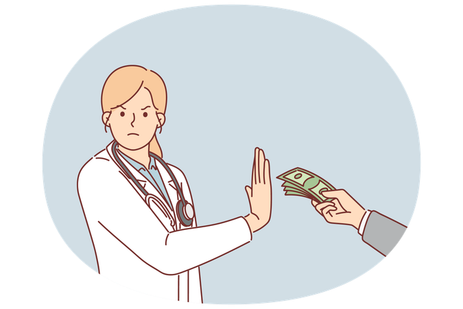 Woman doctor refuses money and corruption in healthcare system from pharmaceutical corporations  Illustration