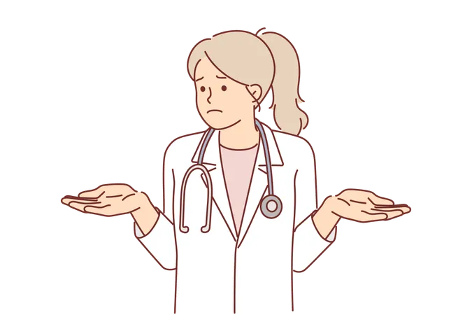Woman Doctor Spreads Hands Dressed In White Medical Gown Demonstrates Inability To Diagnose And Cure Patient Upset Doctor With Stethoscope Around Neck Has Doubts About Possibility Saving Patient Illustration
