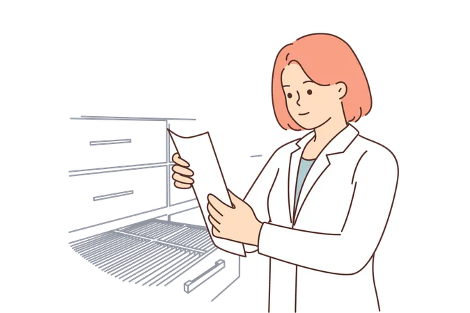Woman Doctor Or Medical Worker Stands In Archive Of Hospital And Takes Out Patient Questionnaire From Closet Girl Doctor In White Coat Studies Information About Diseases And Dangerous Viruses Illustration