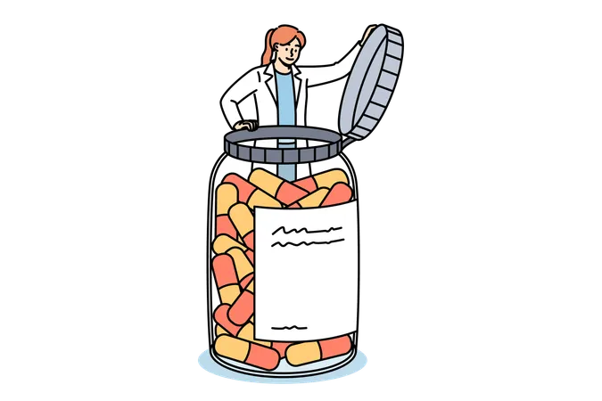 Woman doctor takes out vitamins in form of capsules from giant medicine bath to treat patient  Illustration
