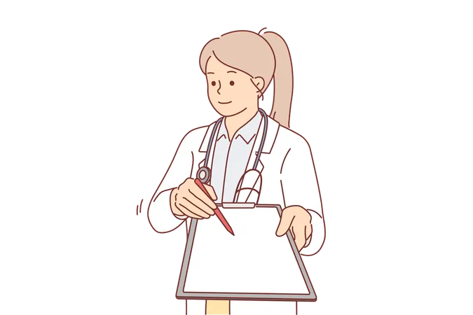 Woman Doctor With Clipboard In Hands Wants To Get Patient Signature With Permission For Treatment Or Surgery Hospital Doctor Shows Blank Document For Application For Insurance Payment Illustration