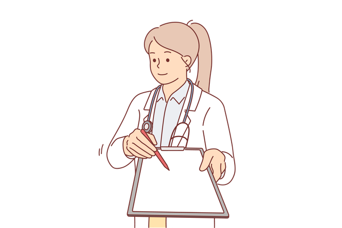 Woman doctor with clipboard in hands wants to get patient signature with permission for surgery  Illustration