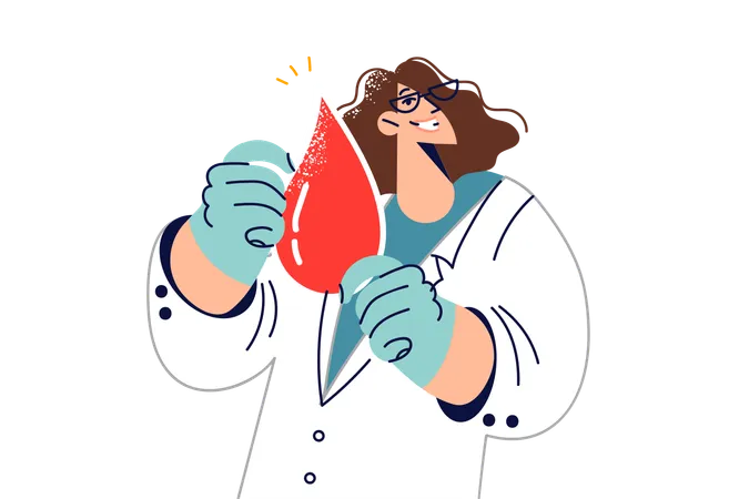 Woman Doctor Calls To Become Donor And Holds Large Drop Of Blood Working In Laboratory Analyzing DNA Sample Of Human Blood In Hands Of Girl Geneticist Trying To Identify Cancer At Early Stage Illustration