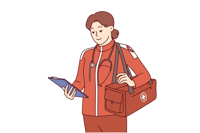 Woman doctor working in ambulance and 911 service is wearing red uniform and holding clipboard  Illustration