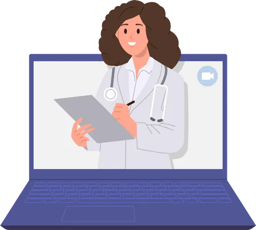 Woman Doctor Therapist In Lab Coat Holding Video Chat Writing Prescription In Patient Card About Treatment On Laptop Computer Screen Vector Illustration Online Medicine And Professional Healthcare Illustration