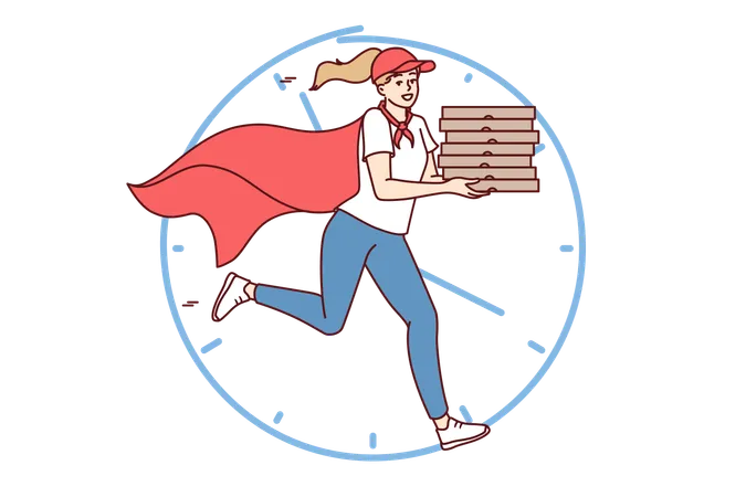 Woman Courier With Boxes Of Pizza In Hands Runs To Quickly Deliver Order To Client Dressed In Superhero Cape Pizzeria Employee Near Giant Clock To Advertise Italian Pizza Restaurant Illustration