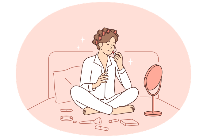 Woman does makeup while sitting in bed early in morning and paints lips while looking in mirror  Illustration