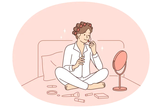 Woman does makeup while sitting in bed early in morning and paints lips while looking in mirror  Illustration