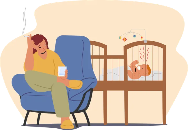 Inebriated Mother Slumps Beside Wailing Infant With Glass And Cigarette In Hands Drunk Addicted Female Character Suffer Of Newborn Distress Or Alcohol Addiction Cartoon People Vector Illustration Illustration