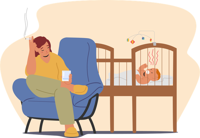 Woman does not care for her new born baby  Illustration