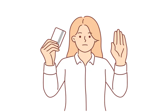 Woman With Credit Card Makes Stop Gesture Urging Not To Use Services Of Banks And Pay In Cash Girl Does Not Want To Use Credit Services To Buy Goods Because Of High Interest Rate イラスト