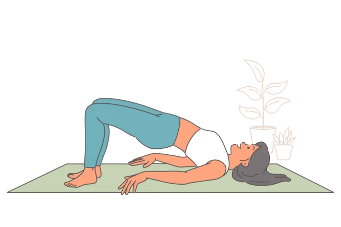 Woman does pilates on yoga mat while showing flexibility and feeling better through stretching  Illustration