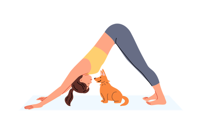 Woman does pilates on yoga mats and does stretching located near with funny puppy  Illustration
