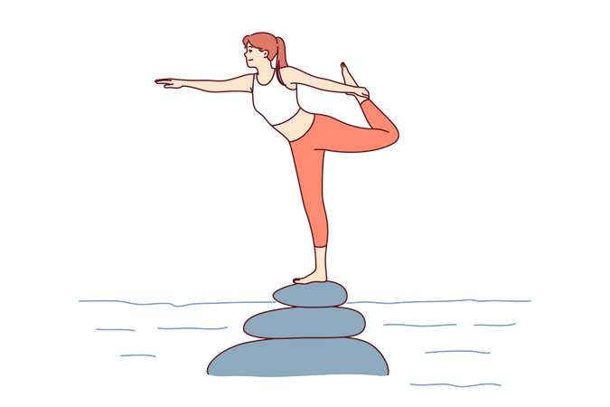 Woman does pilates or yoga standing on river rocks on one leg, maintaining perfect balance  Illustration