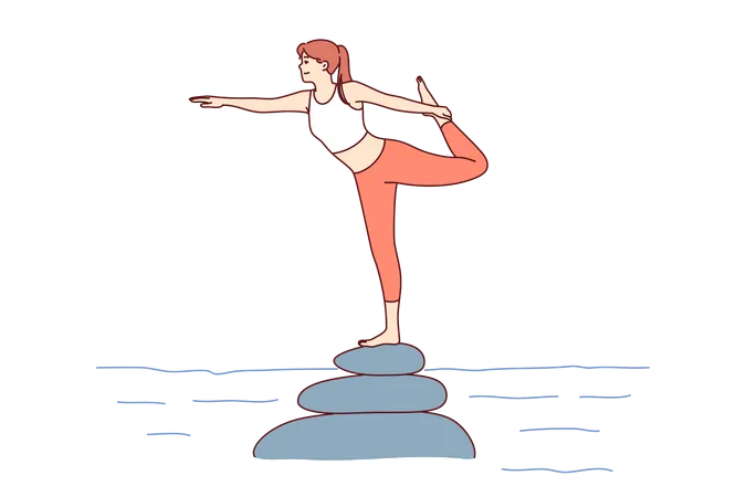 Woman Does Pilates Or Yoga Standing On River Rocks On One Leg Maintaining Perfect Balance Pilates Training Of Successful Girl Enjoying Unity With Nature And Meditation In Open Air Illustration