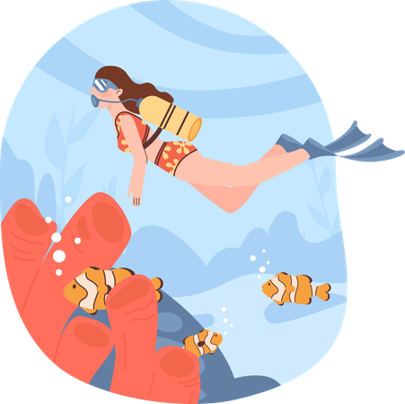 Woman does scuba to see underwater fishes  Illustration