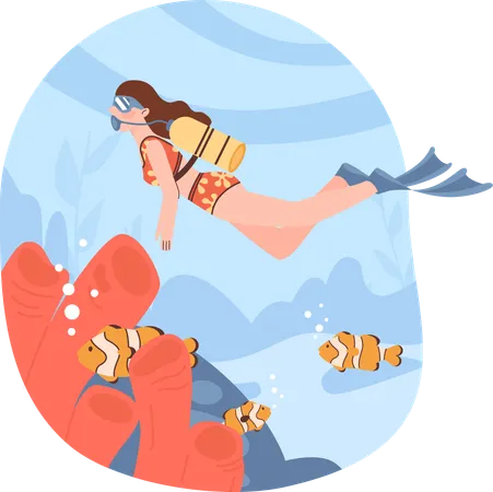 Woman does scuba to see underwater fishes  Illustration