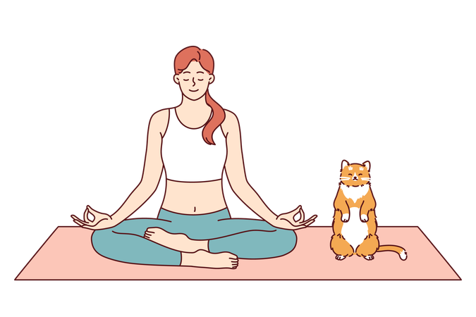 Woman does yoga with cat meditating in lotus position from Zen or asana practice  イラスト