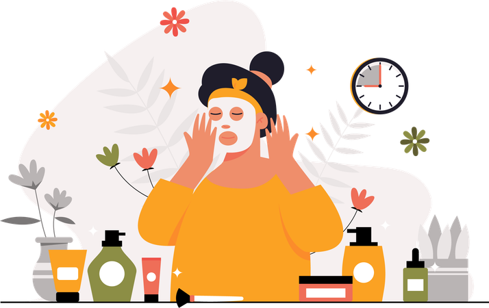 Woman doing a facial treatment with a beauty care face mask  Illustration