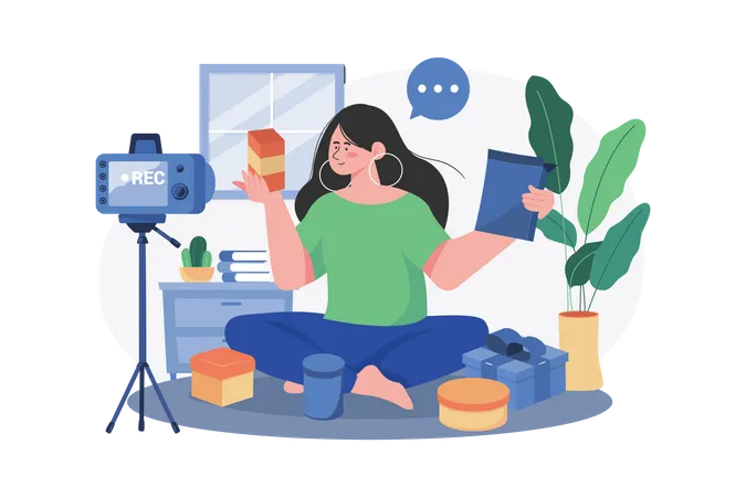 Woman doing a product unboxing video Illustration