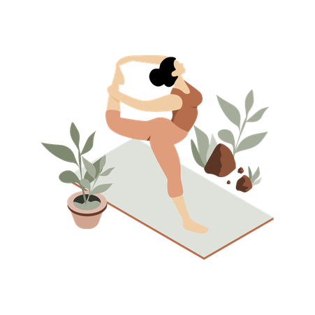Woman doing a yoga pose on a mat with indoor plants  Illustration