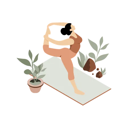 Woman doing a yoga pose on a mat with indoor plants  Illustration