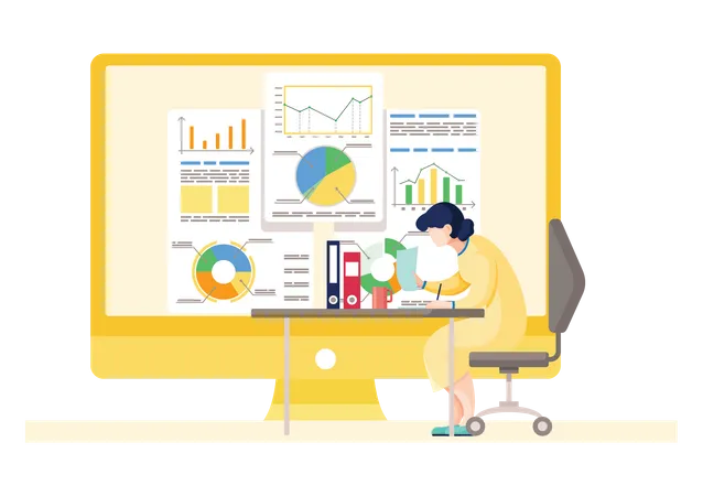 Woman doing analysis with report  Illustration