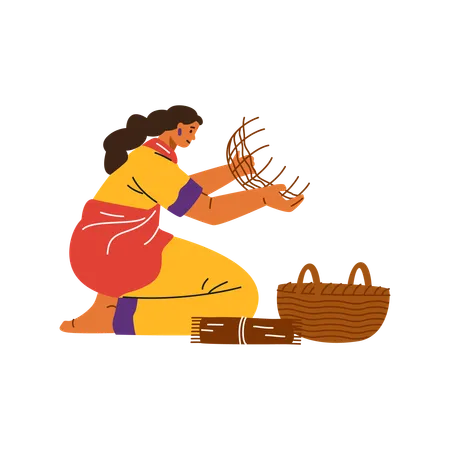 Woman doing basket weaving  Illustration