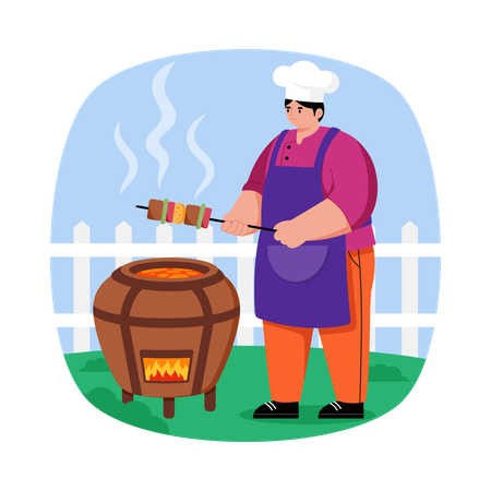 Woman doing BBQ Grilling  Illustration