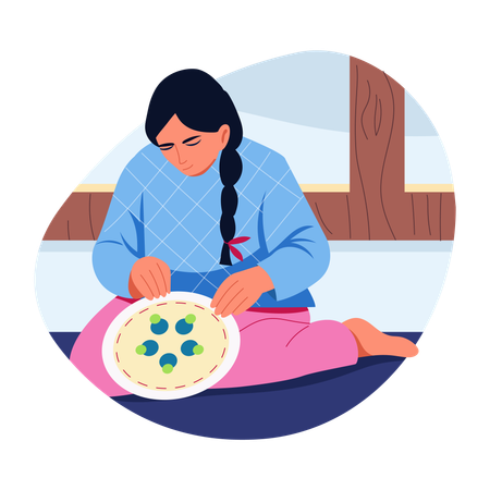 Woman doing beadwork  Illustration