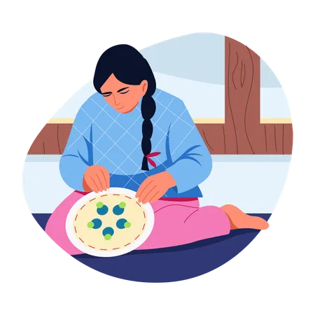 Woman doing beadwork  Illustration