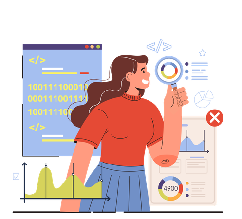 Woman doing binary coding and analysis  Illustration