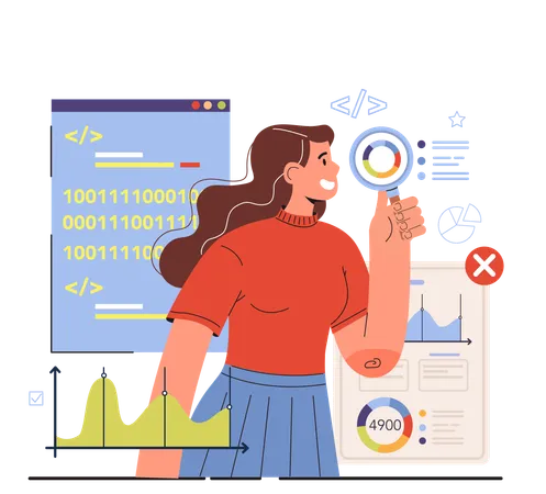 Woman doing binary coding and analysis  Illustration